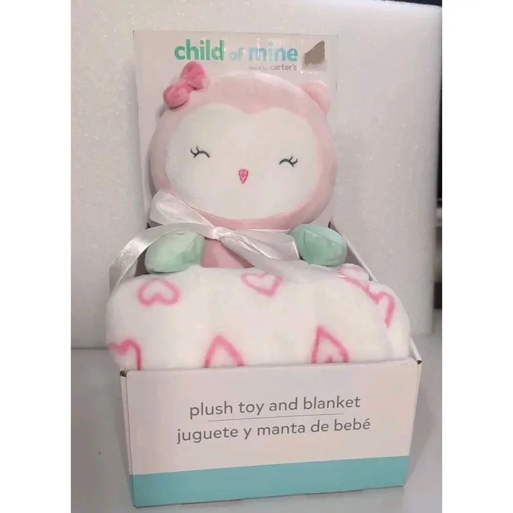 Child Of Mine Plush Owl Stuffed Animal Toy & Fleece Blanket Set Pink Hearts New